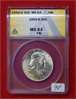 1950 D Franklin Silver Half Dollar ANACS MS63 FBL