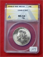1948 D Franklin Silver Half Dollar ANACS MS64 FBL