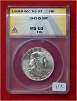 1949 D Franklin Silver Half Dollar ANACS MS63 FBL