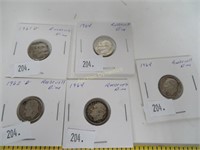 Five, 1961, 1962 & 1964 Silver Dimes