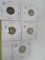 Five, 1946, 1948, 1947 & 1953 Silver Dimes