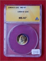 1964 D Roosevelt Silver Dime ANACS MS67