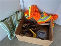 Box lot of tools, safety vests, misc