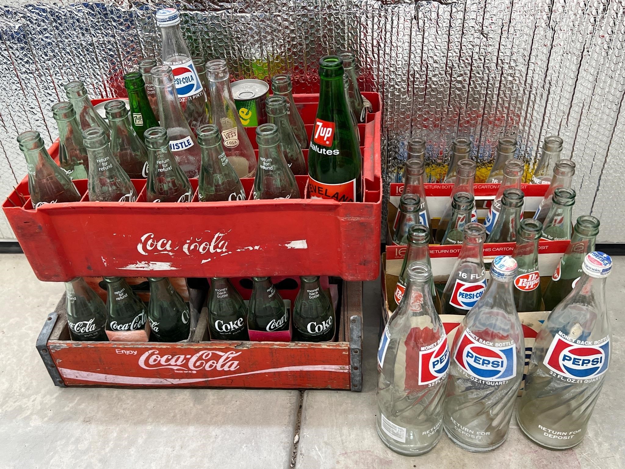 Coke Crates w/Bottles, Pepsi Bottles and Others