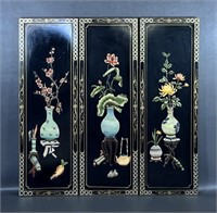 Three Vintage Asian Black Lacquer Wall Panels