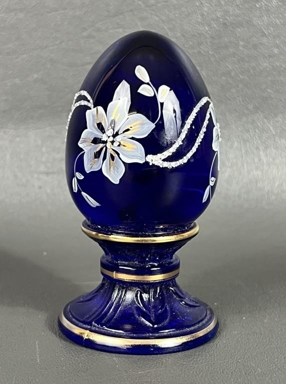 Fenton Cobalt Blue Handpainted Pedestal Egg
