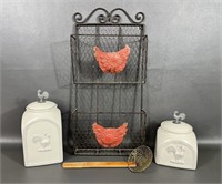 Two Rooster Canisters & Organizer