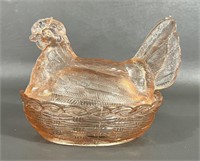 Vintage Pink Glass Hen On A Nest
