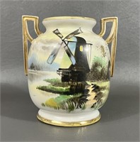 Nippon Handpainted Windmill Handled Vase