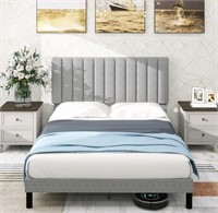Queen Size Bed Frame, Linen Fabric Upholstered