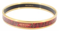 Hermes Red & Gold Pattern Enamel Bangle Bracelet