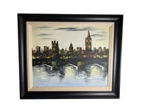 Cityscape w/ Clocktower Oil Painting D. Perry