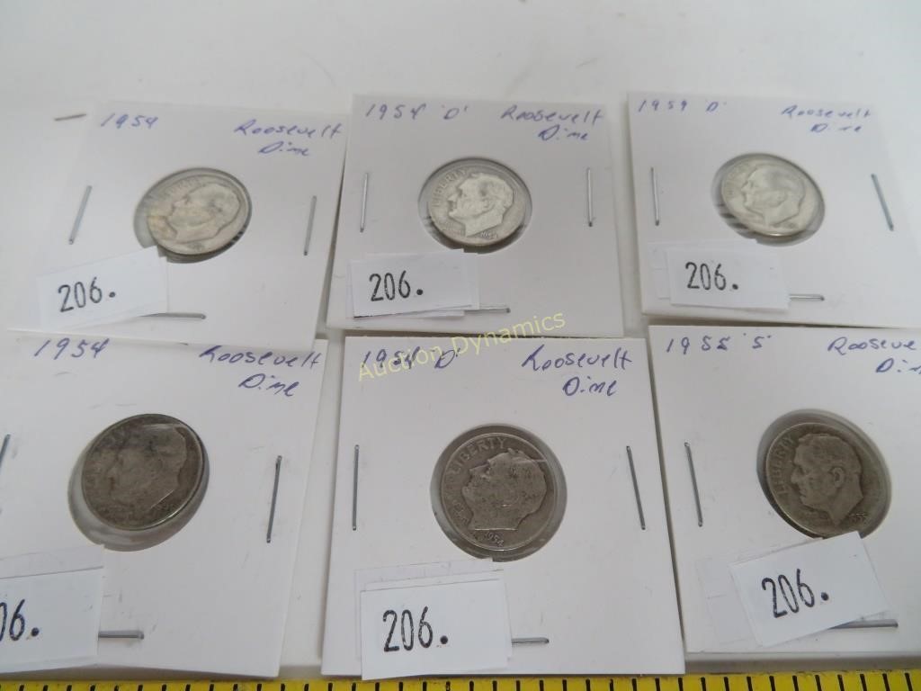 Six, Silver 1954, 1955 & 1959 Dimes