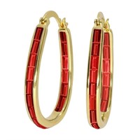 18k Gold Pl Red Emerald Cut Hoop Earrings