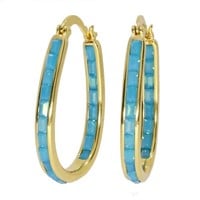 18k Gold Pl Light Blue Emerald Cut Hoop Earrings