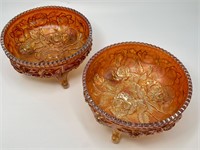 2 Orange Carnival Glass Footed Bowl