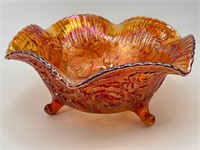 Orange Carnival Glass Bowl - Vintage Footed Ruffle
