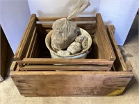 Bucket of Rocks & 2 Wood Crates
