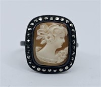 Cameo Marcasite Vintage Ring Sterling Silver 925