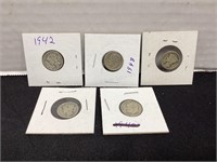 5 Dimes; 1942, 1948D, 1917, 1919, 1946
