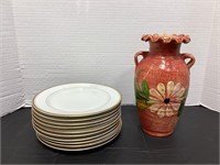 Mexican Pottery Vase & 10 China Plates