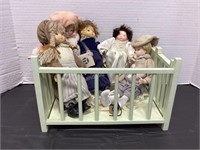 Wood Doll Crib & Porcelain Dolls