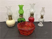 4 Miniature Oil Lamps & Bowl