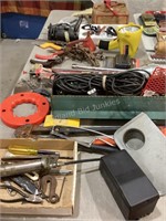 Tabletop of Misc. Tools, Nails, Fuel Line & More