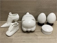 Ceramic Milk Glass Piggybank, Small Trinket Box &