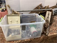 Tote of Hardware, Wood Tool Box, Hand Tools & More