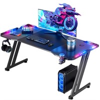 HLDIRECT 47 Inch Gaming Desk with LED Lights Carbo
