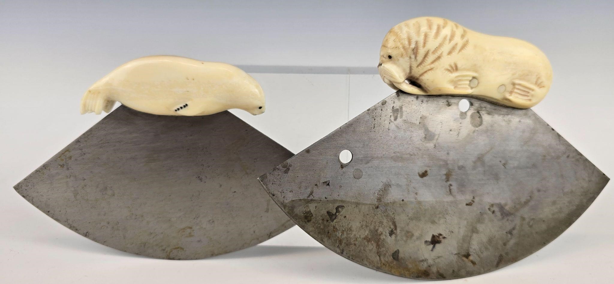 2 Antique Ulu Knives Walrus Ivory Inuit Male/Fem.