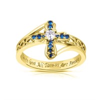 14K Gold Pl Sapphire Cross Engraved  Ring