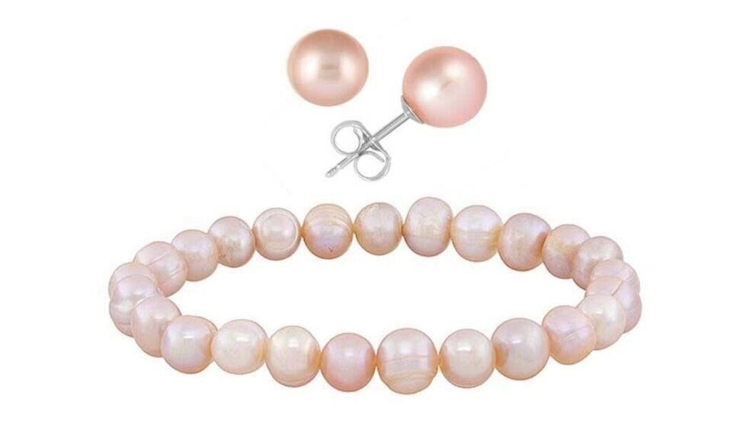 Pink Genuine Pearl Stretch Bracelet Earings Set