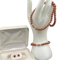 14K Gold Filled Pearl Necklace,Bracelet & Earrings