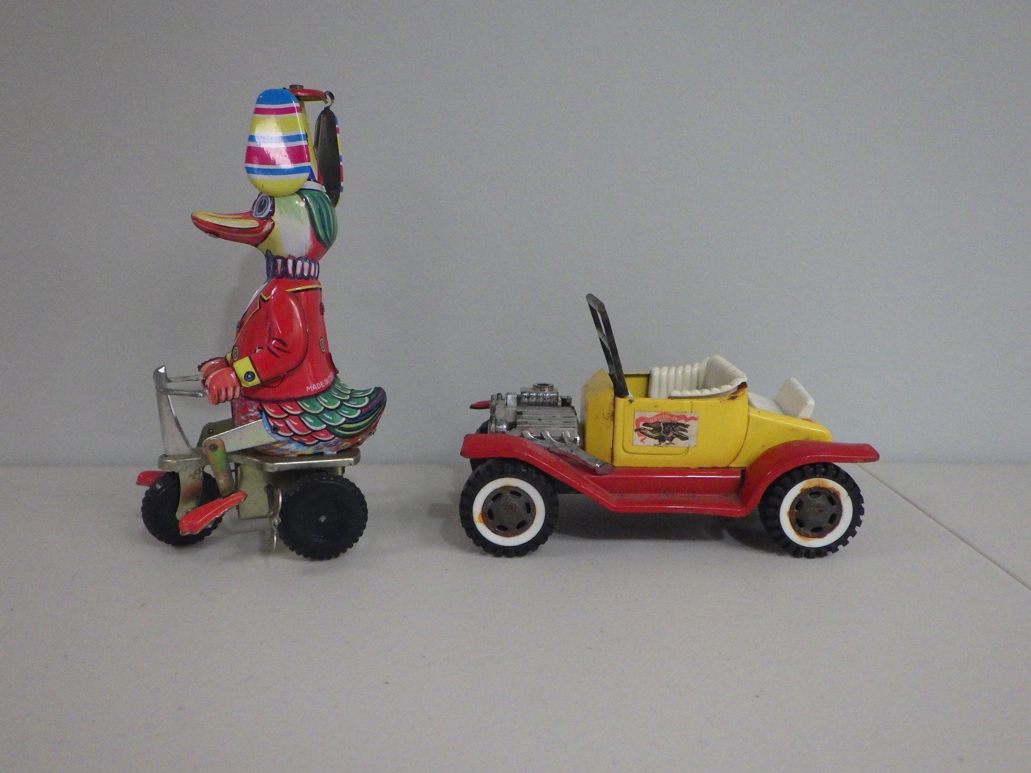 Vintage Tin Hotrod & Tin Wind Up Duck On Tricycle