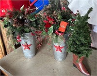 Pair of Red Shed and Ceramic Boot Christmas Decor