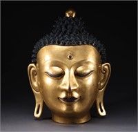 Bronze gold Buddha head statue of Qing Dynasty