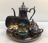 Plated silver Tray w/Teapot, Creamers, Sugars, etc