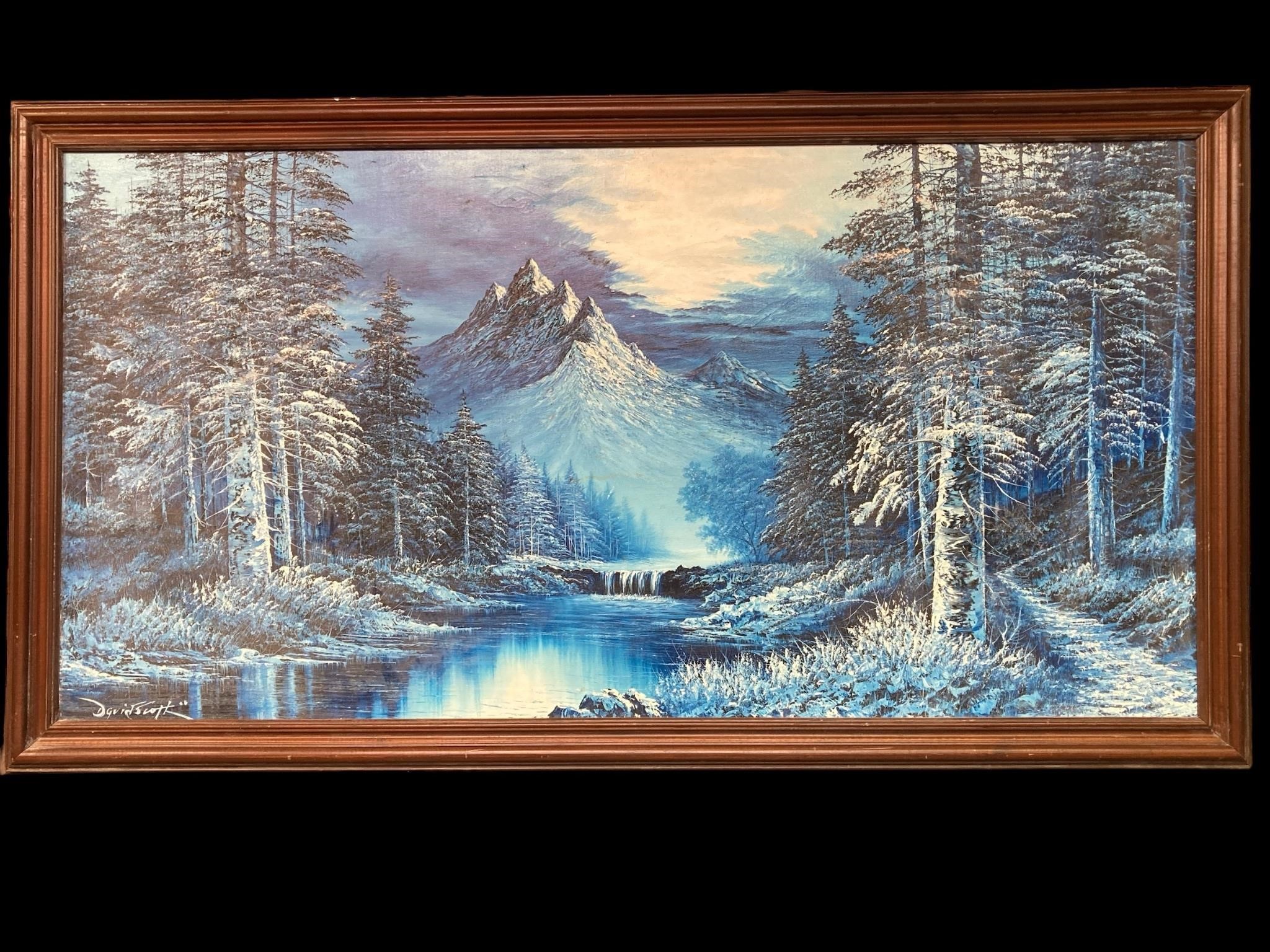 Framed Signed 30x60” David Scott Mountain Painting