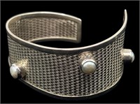 Sterling Silver & Pearl Cuff Mesh Bangle Bracelet