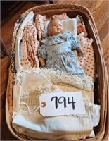 Antique Doll, Basket, Doll Bedding & Clothing