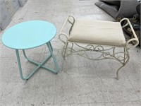 Teal Metal Table / Wrought Iron Cream Bench