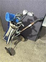 Misc right hand golf clubs, bag, pull cart