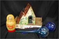Bird House, Nesting Doll & Aqua Globes