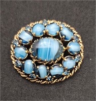 Vntg Blue Swirl Glass Oval Brooch