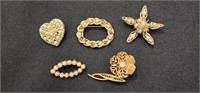 5pc Vntg Pearl and Gold Toned Brooches/Pins