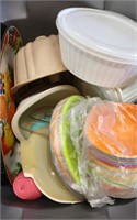 Tote of Plastic Cookware and Plates