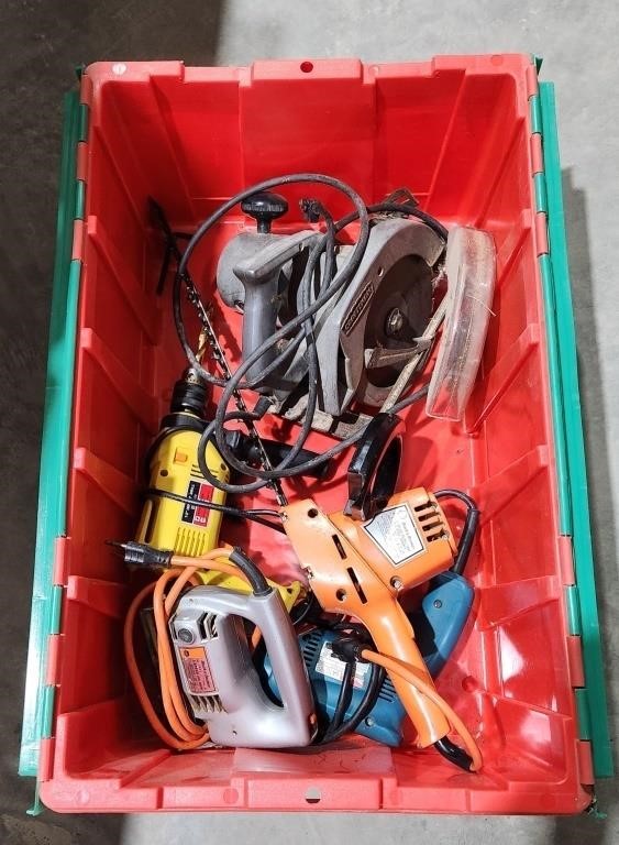 Tote with contents of power tools. Jig saw,