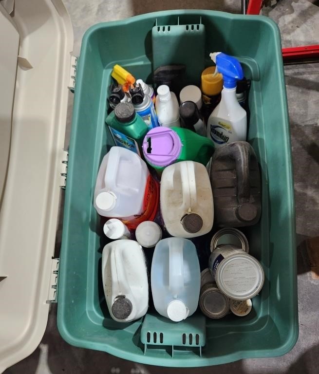 Tote with assortment of oils & chemicals
